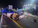 (FOTO) Slabo je ocenila hitrost: 34-letnica s teslo trčila v tovornjak