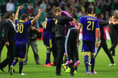 26. avgust 2014 - Škotska, Glasgow. Veselje ob uvrstitvi v ligo prvakov. Zlatko Zahovič v objemu s sinom Luko.
&nbsp;