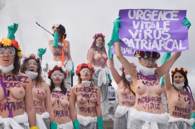 March 8, 2020, Paris, Ile-de-France (region, France: Femen action against the Virus Patriarchate on the Place de la Concorde during the Women's Rights Day, in Paris on March 08, 2020., Image: 504718993, License: Rights-managed, Restrictions: * France Rights OUT *, Model Release: no, Credit line: Julien Mattia/Zuma Press/Profimedia 