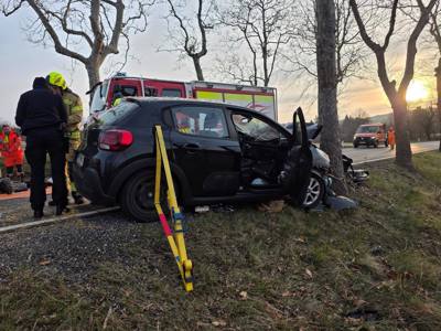 (FOTO) Za trenutek zaspal in trčil v drevo: Iz avtomobila so ga reševali gasilci