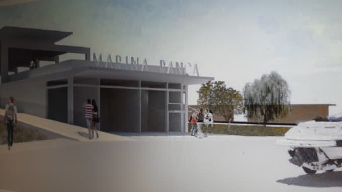 Idejna zasnova iz leta 2017 je predvidela postavitev pristaniškega objekta preko potoka Grajena. Vir: prof. Jurij KOBE