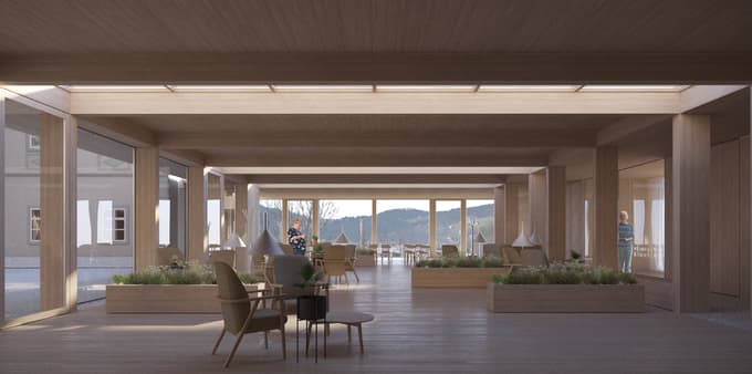 Skupni prostor s pogledom na Ravne Skica: Arrea, Arhitektura d.o.o.