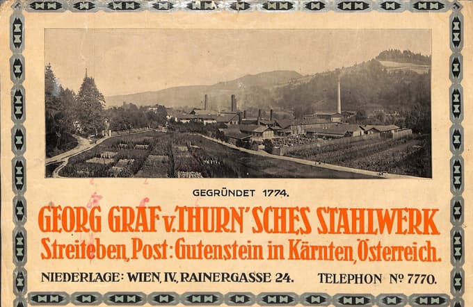 Izsek iz promocijskega plakata Jeklarne grofov Thurn na Ravnah, okrog 1918, PAM, Železarna Ravne, AŠ 20