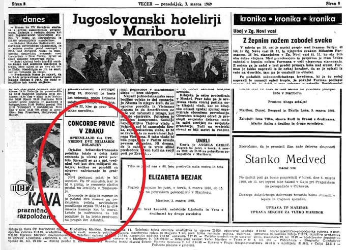 Poročanje o prvem letu concorda 3. marca 1969 v Večeru.
