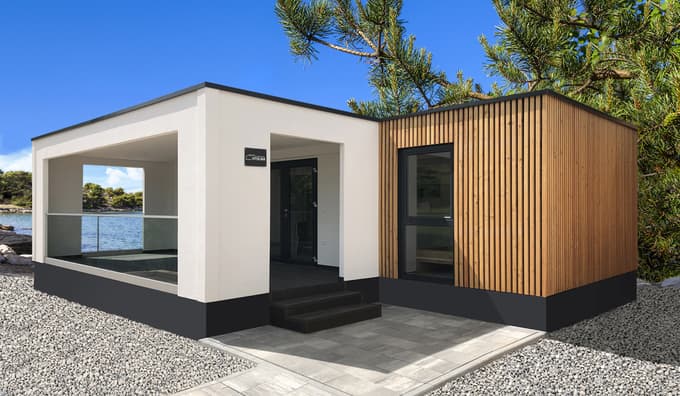 Aluminijasta fasada z videzom lesa na mobilni hiši Vitolina 