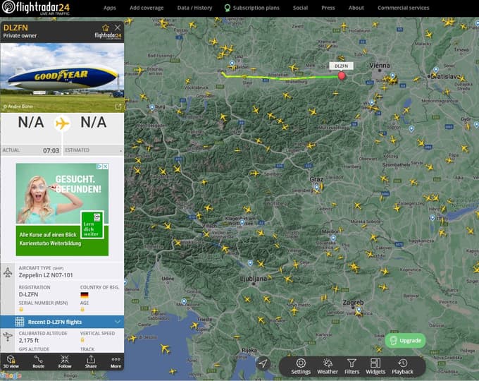 Flightradar24.com, blimp cepelin spremljanje