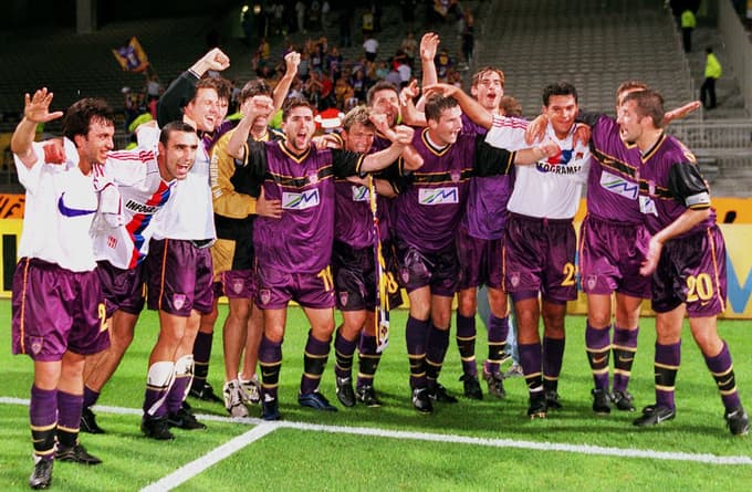 Mariborski nogometaši so se zelo veselili zmage na prvi tekmi v Lyonu.