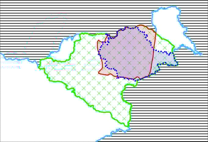 Modra črta s pikami: podravska statistična regija; rdeča: ozemlje podravske krajine sredi 12. stoletja; zelena: del nekdanje avstrijske dežele Štajerske; svetlo modra: meja Republike Slovenije. Risba: Jože Kos Grabar