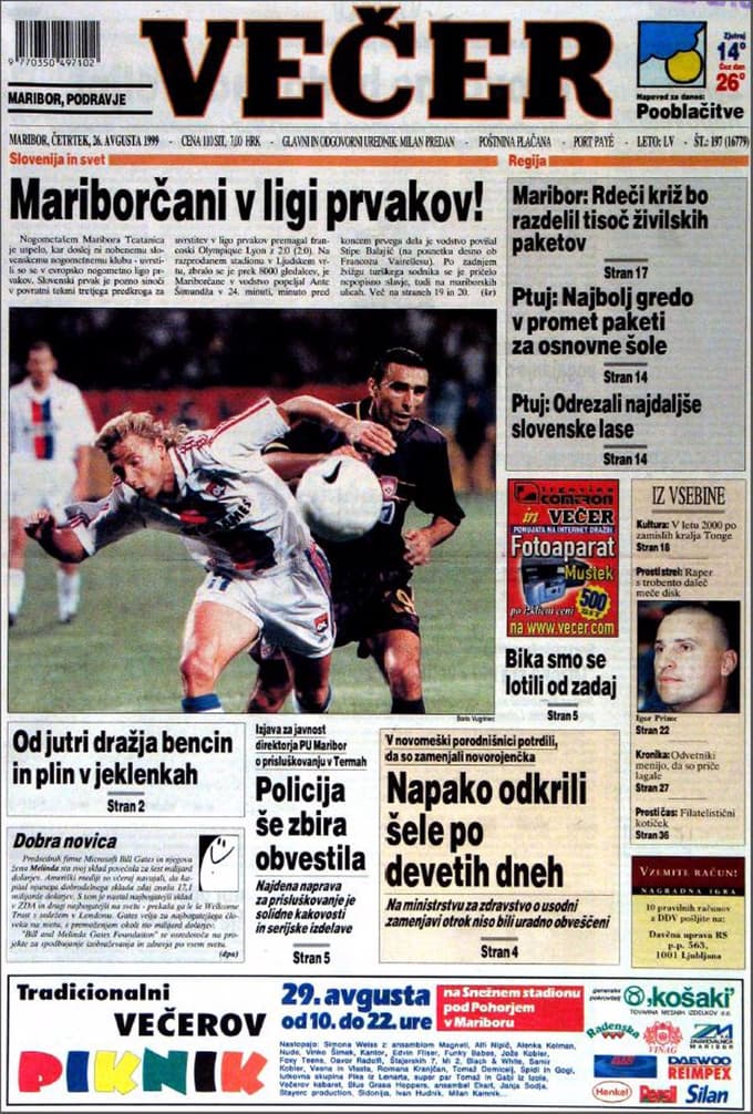 Prva stran Večera jutro po zgodovinski tekmi: NK Maribor prvič v ligi prvakov!