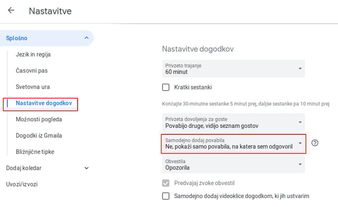Google koledar nastavitve