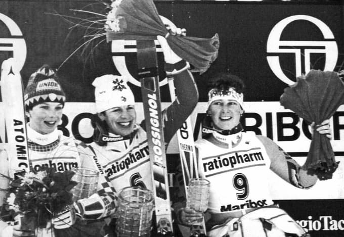 Kranjska Gora 1991. Od leve: drugo mesto Nataša Bokal (Jugoslavija), zmagovalka Vreni Schneider (Švica), Petra Kromberger (Avstrija)