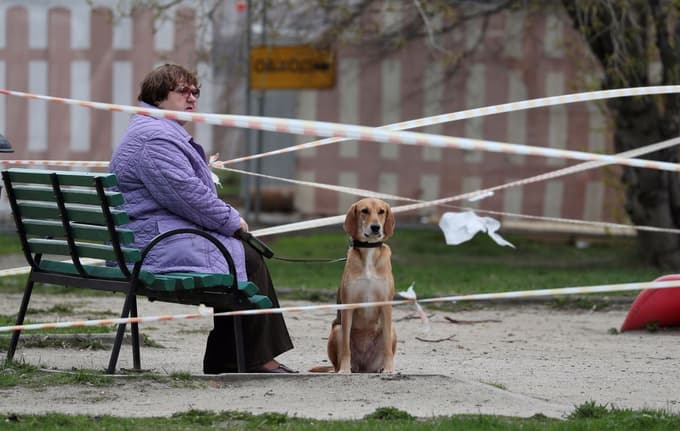 Rusinja s svojim psom počiva na igrišču v parku v Moskvi.