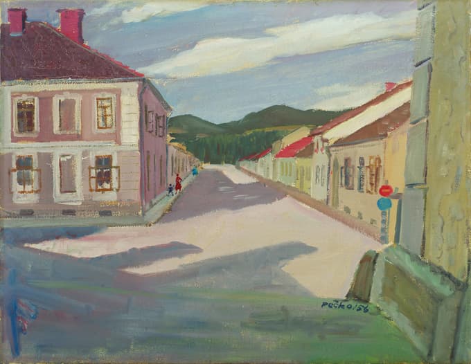Karel Pečko: Meškova ulica, 1956, olje, juta 70 x 88 cm, last Splošne bolnišnice Slovenj Gradec 