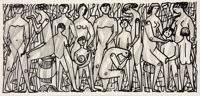 Karel Pečko: Osnutek za stensko poslikavo v jedilnici nekdanje Nove opreme, 1960, svinčnik, flomaster 