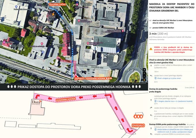 Navodila za pešpot do vhoda onkološkega oddelka in Dore.