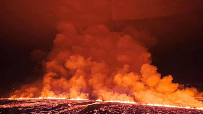 A volcanic eruption takes place, near Grindavik, Iceland, March 16, 2024. Public Safety Department of the National Police/Handout via REUTERS THIS IMAGE HAS BEEN SUPPLIED BY A THIRD PARTY