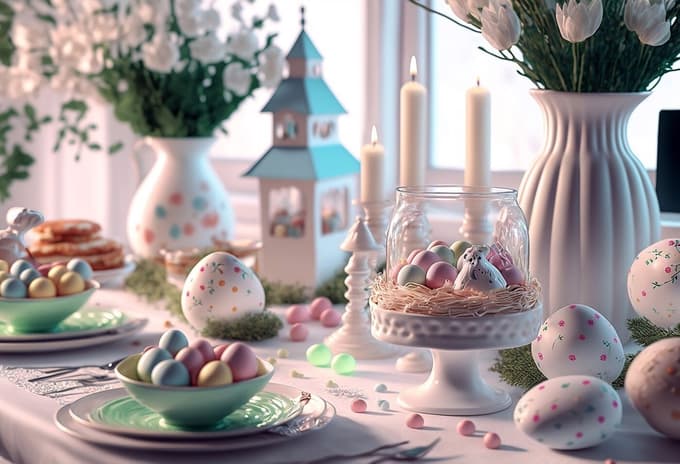 Pomladna, velikonočna barvna paleta je zelo hvaležna za ustvarjanje pogrinjkov v nežnih, pastelnih barvah.