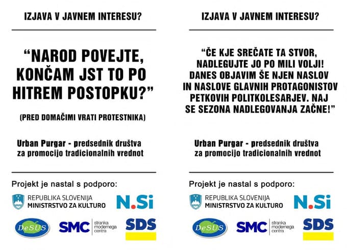 (FOTO) Aktiv kulturnikov z akcijo zahteva odvzem statusa Purgarjevemu Društvu za promocijo tradicionalnih vrednot