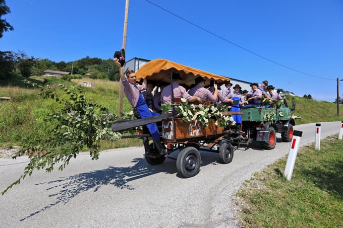 Kozolec so v Vodole pripeljali s tovornjakom oldtimerjem.