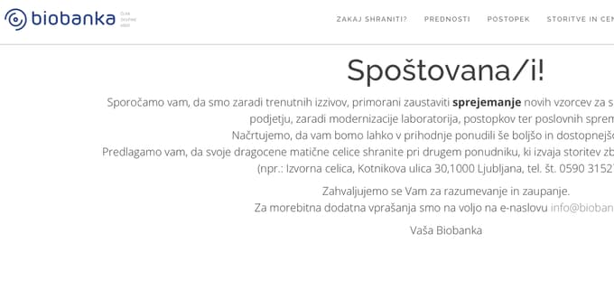 Obiskovalce spletne strani Biobanke od aprila letos pričaka zgornje obvestilo.