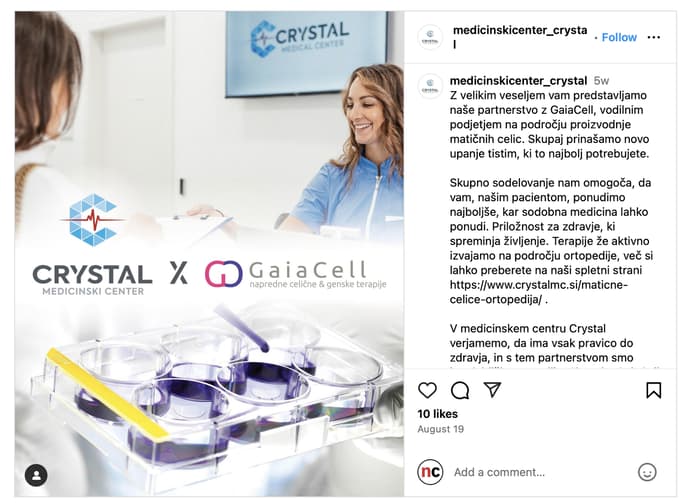 Pred nekaj tedni so v kliniki Crystal, ki jo obvladuje Ivan Simič, najavili sodelovanje s podjetjem GaiaCell, ki je v lasti Gordane Živčec Kalan.