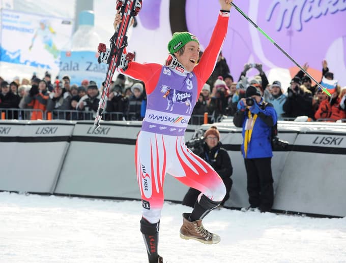 Veselje po zmagi Marcela Hirscherja v Kranjski Gori 31. januarja 2010. 