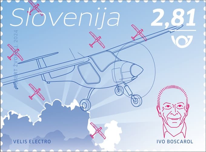 Nova priložnostna poštna znamka Pošte Slovenije s podobo Iva Boscarola in letala Pipistrel Velis Electro.