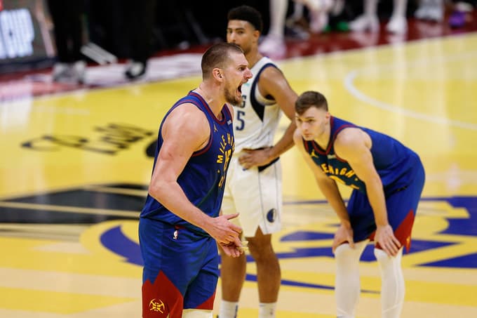 Nov 22, 2024; Denver, Colorado, USA; Denver Nuggets center Nikola Jokic (15) reacts after a play in the fourth quarter against the Dallas Mavericks at Ball Arena. Mandatory Credit: Isaiah J. Downing-Imagn Images