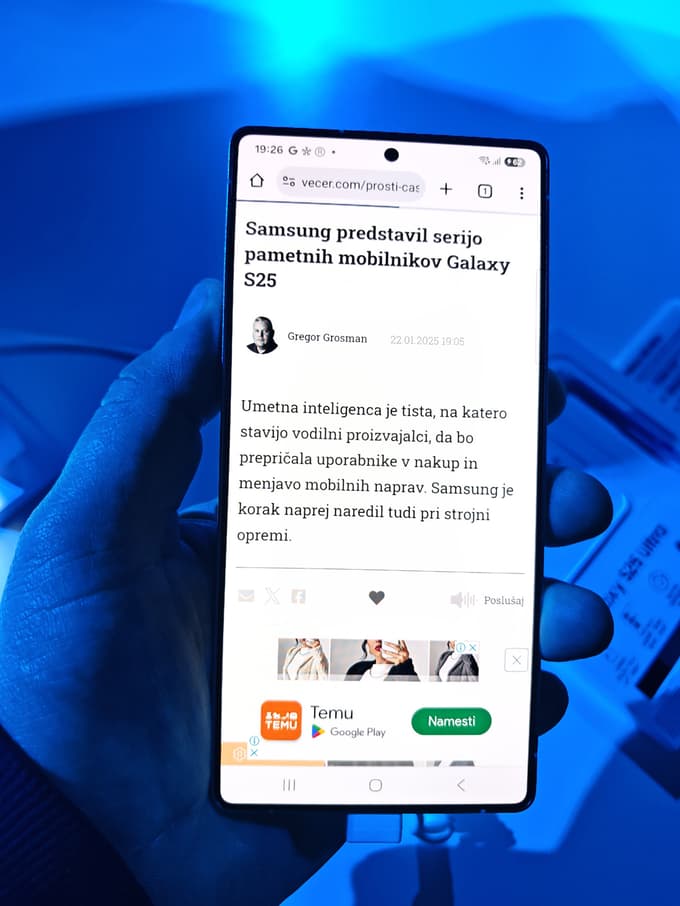 Spletna stran Večer.com na Samsung Galaxy S25 Ultra. 