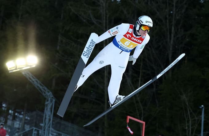 Ski Jumping - FIS Ski Jumping World Cup - Zakopane, Poland - January 18, 2025 Slovenia's Domen Prevc in action during the Men's Team HS140 Trial Round REUTERS/Kacper Pempel