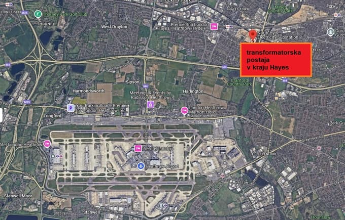Lokacija požara v bližini letališča Heathrow.