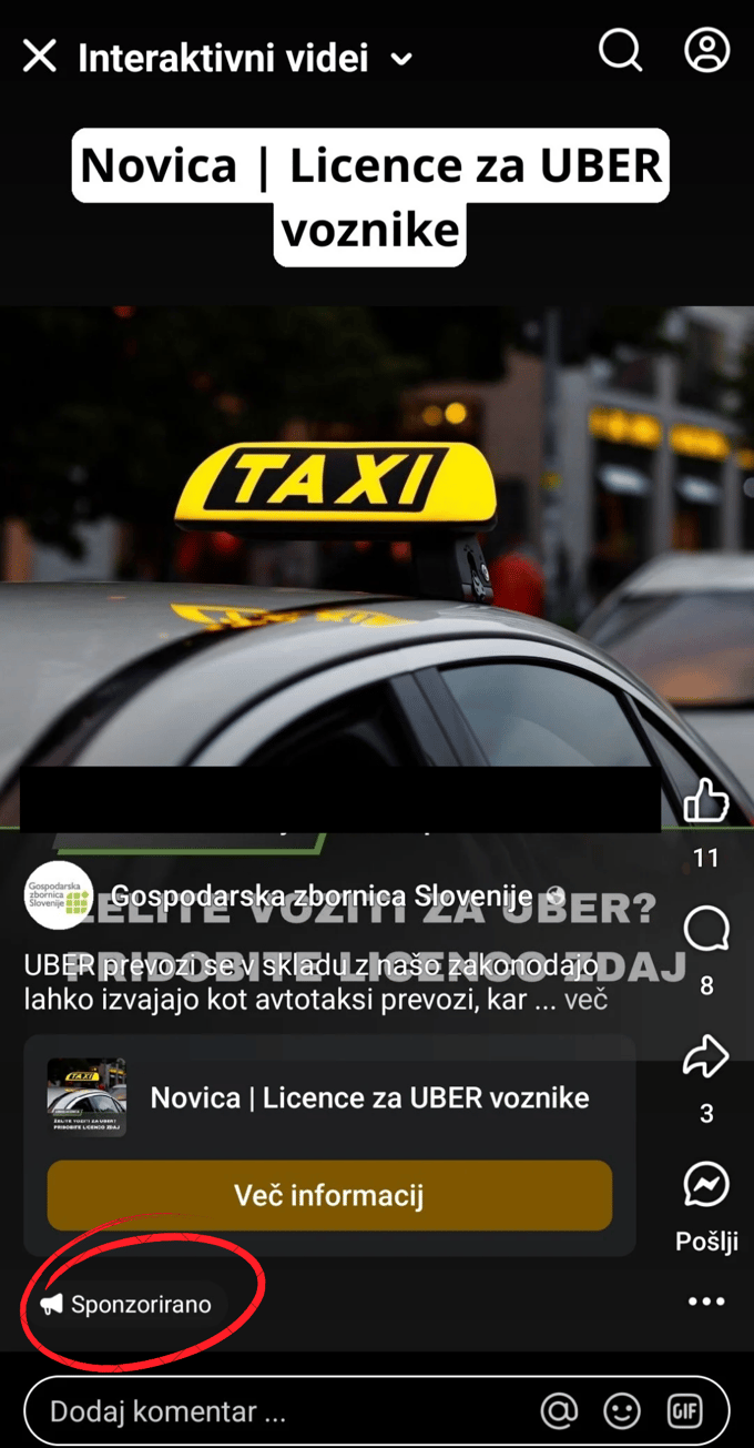 Zaslonski posnetek sponzorirane objave s Facebooka, za katero Sindikat taksistov trdi, da je GZS z javnimi sredstvi ali sredstvi članarin aktivno oglaševala dejavnost zasebnega podjetja.