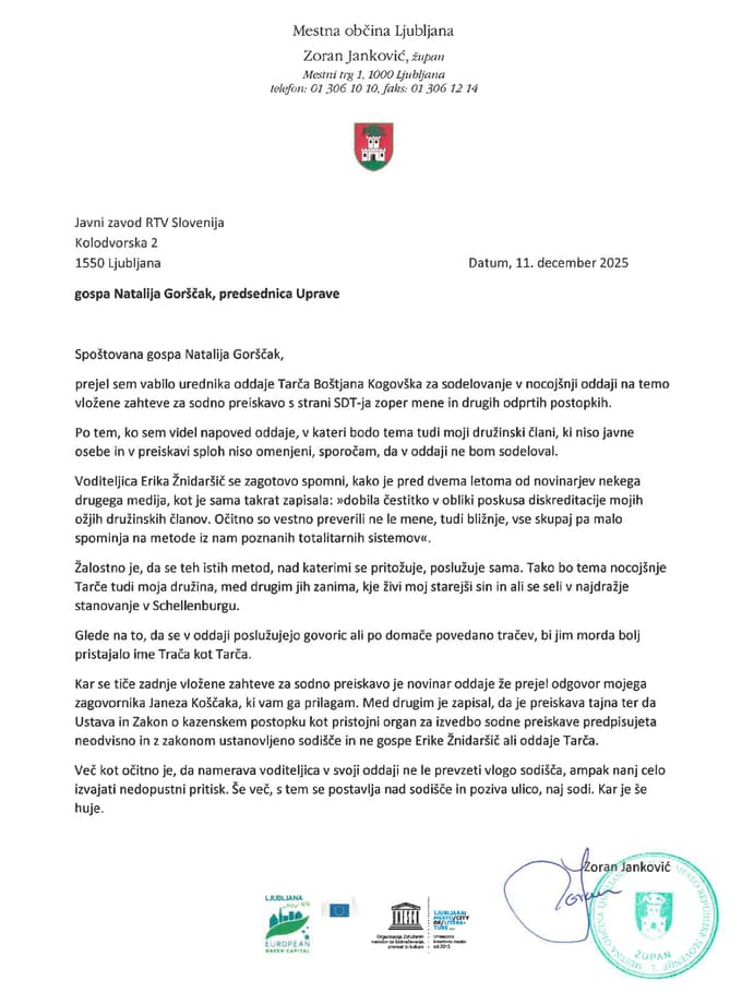Dopis Zorana Jankovića predsednici uprave RTV Slovenija Nataliji Gorščak