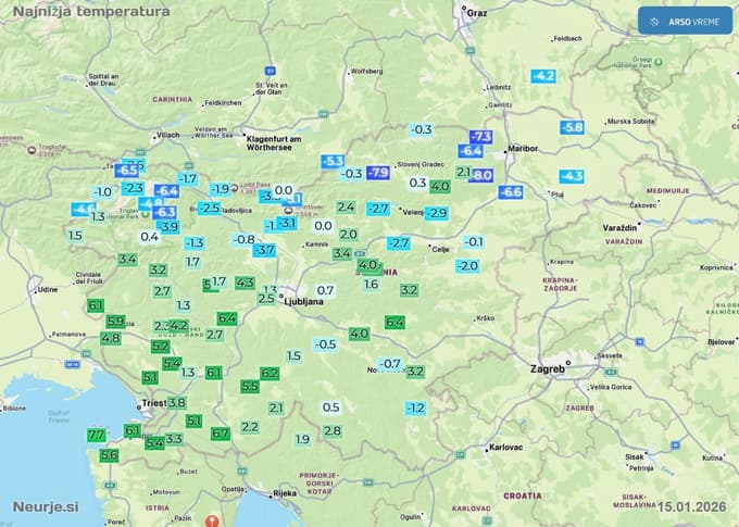 Današnje razlike v temperaturah po Sloveniji. 