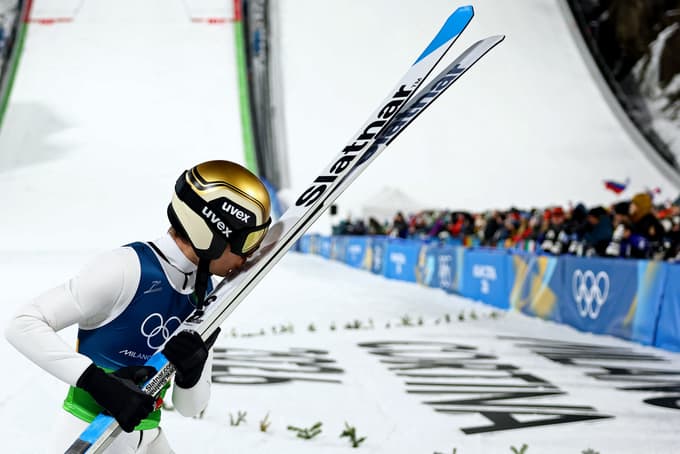 Milano Cortina 2026 Olympics - Ski Jumping - Mixed Team - Predazzo Ski Jumping Stadium, Predazzo, Italy - February 10, 2026. Anze Lanisek of Slovenia react after the final round. REUTERS/Kai Pfaffenbach