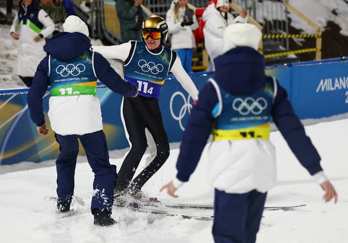 Milano Cortina 2026 Olympics - Ski Jumping - Mixed Team - Predazzo Ski Jumping Stadium, Predazzo, Italy - February 10, 2026. Domen Prevc of Slovenia reacts after the final round. REUTERS/Kai Pfaffenbach