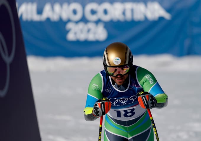 epa12726551 Miha Hrobat of Slovenia reacts in finish area during the Men's Super G of the Alpine Skiing competitions at the Milano Cortina 2026 Winter Olympic Games, Stelvio ski centre in Bormio, Italy, 11 February 2026. EPA/GUILLAUME HORCAJUELO