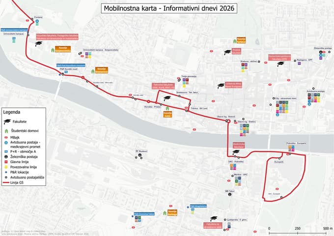 Mobilnostna karta s ključnimi mobilnostnimi povezavami po mestu Maribor.