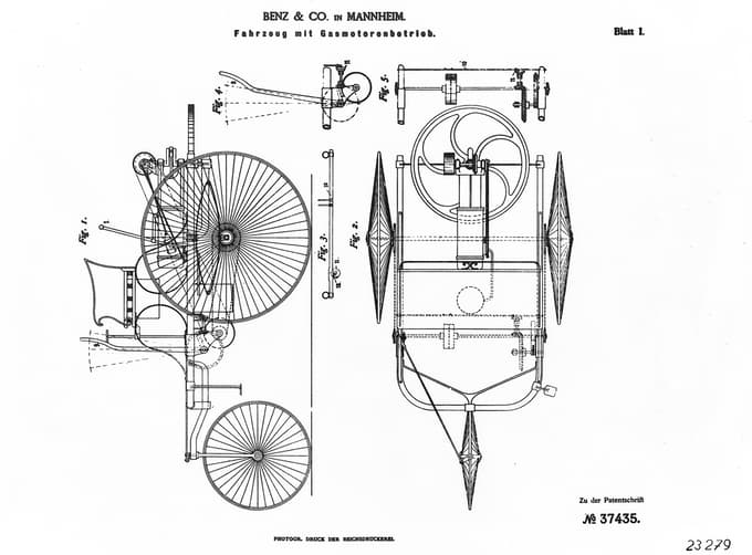 Rojstni list avtomobila: tehnične risbe iz patentne prijave št. 37435 za motorni voz Karla Benza z naslovom Vozilo z bencinskim motorjem, vložene 29. januarja 1886