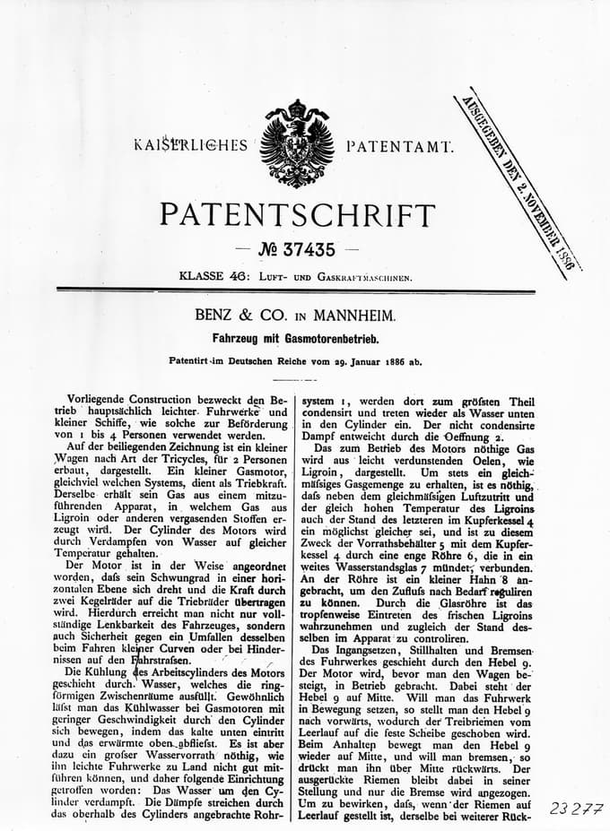 Rojstni list avtomobila: naslovna stran patentne prijave št. 37435 za motorni voz Karla Benza z naslovom Vozilo z bencinskim motorjem, vložene 29. januarja 1886