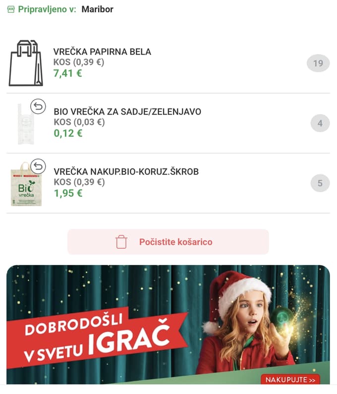 Za vrečke je pri spletnem nakupu kupec skupno odštel skoraj 9,48 evra.