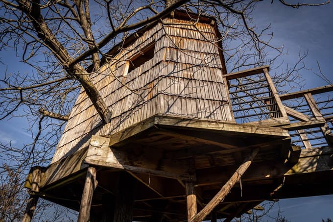 Otrokom je na vrtu zgradil hiško na drevesu.