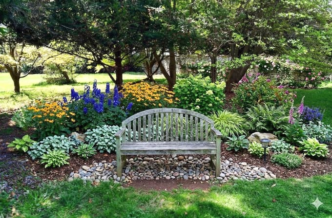 Rezultat z navodilom UI, naj za klopjo naredi zasaditev trajnic. Ne le, da je po svoje zamaknila klop, pač pa je na senčno lego umestil tudi sonceljubne rudbekije.