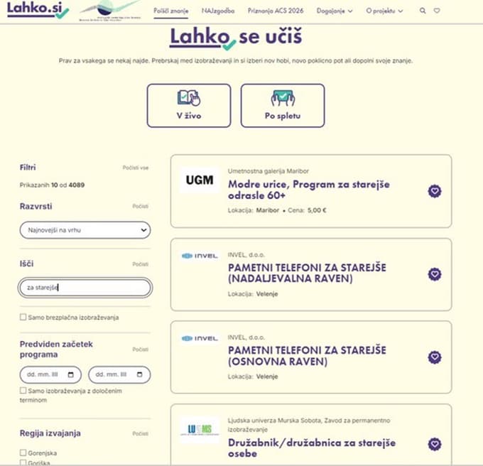 Tečaji in programi za starejše.