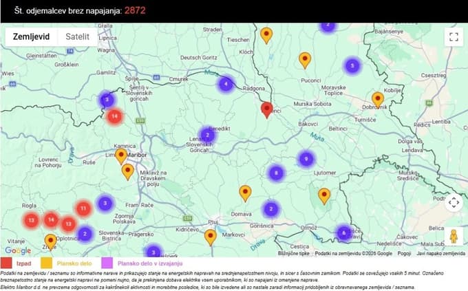 Zemljevid del in izpadov z oskrbo električne energije.