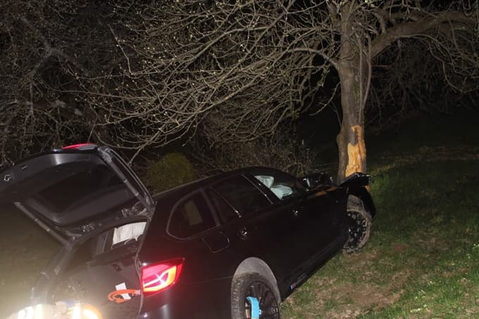 (FOTO) 27-letnik z BMW-jem zaradi neprilagojene hitrosti v ovinku zletel s ceste in trčil v drevo