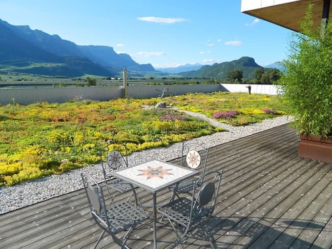 Ekstenzivna ozelenitev z bivalno teraso.