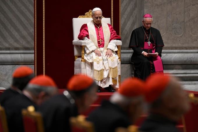 epa12883554 A handout provided by Vatican media shows Pope Leo XIV chairing the Holy Rosary Prayer Vigil for Peace in Saint Peter's Basilica in Vatican City, 11 April 2026. EPA/VATICAN MEDIA