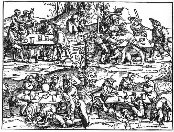 Erhard Schön, po pesnitvi Hansa Sachsa: Štirje vplivi vina (lesorez, 1528).