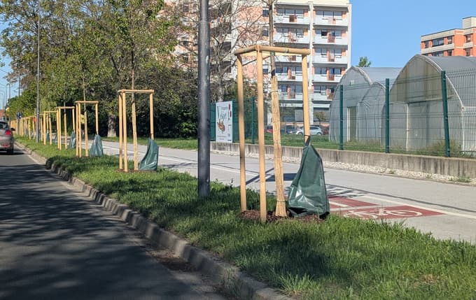 Vreče za namakanje so na Čufarjevi cesti nameščene ob podpornem kolu. 